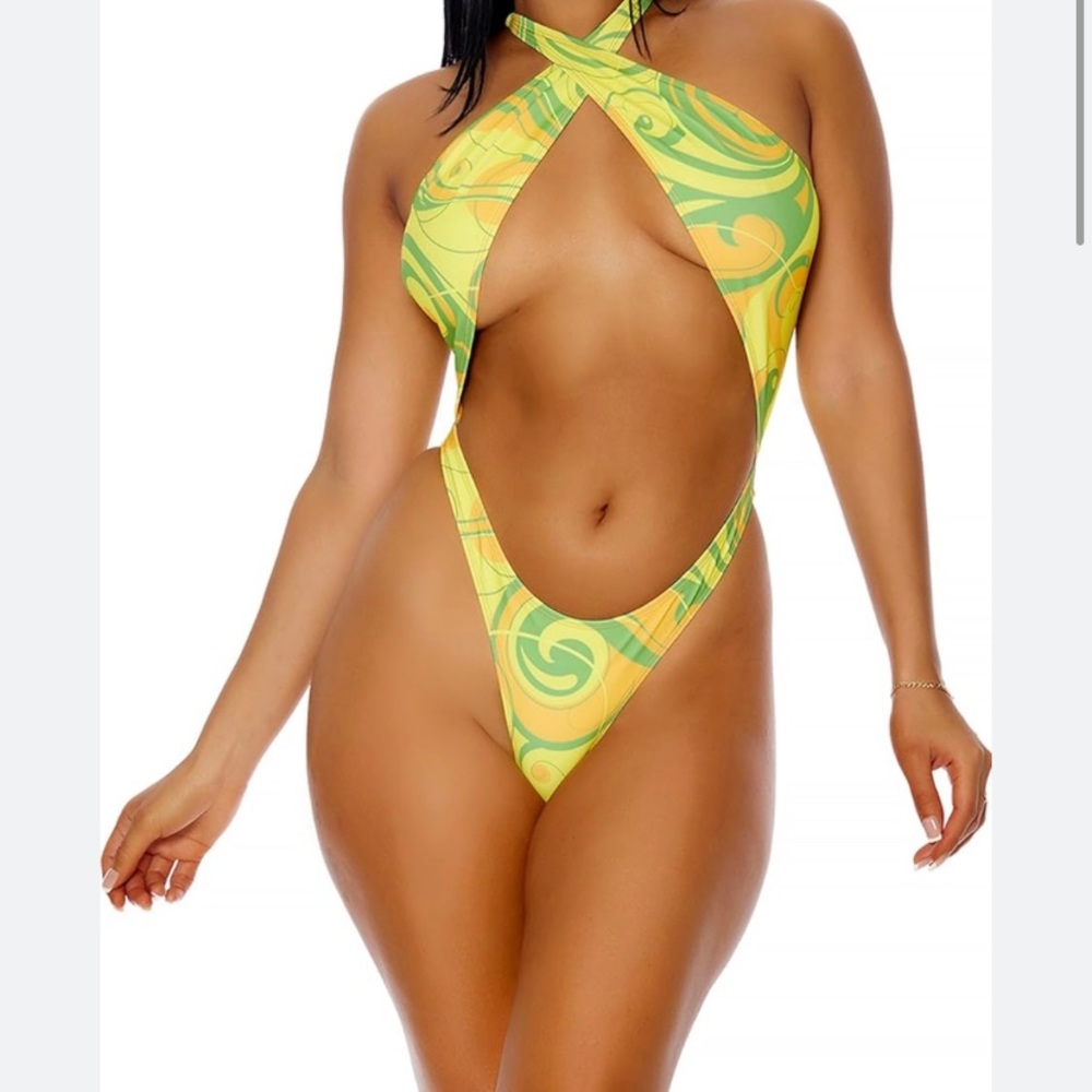 Forplay Women Criss Cross Open Front One Piece Swimsuit Large Pineapple Plunge